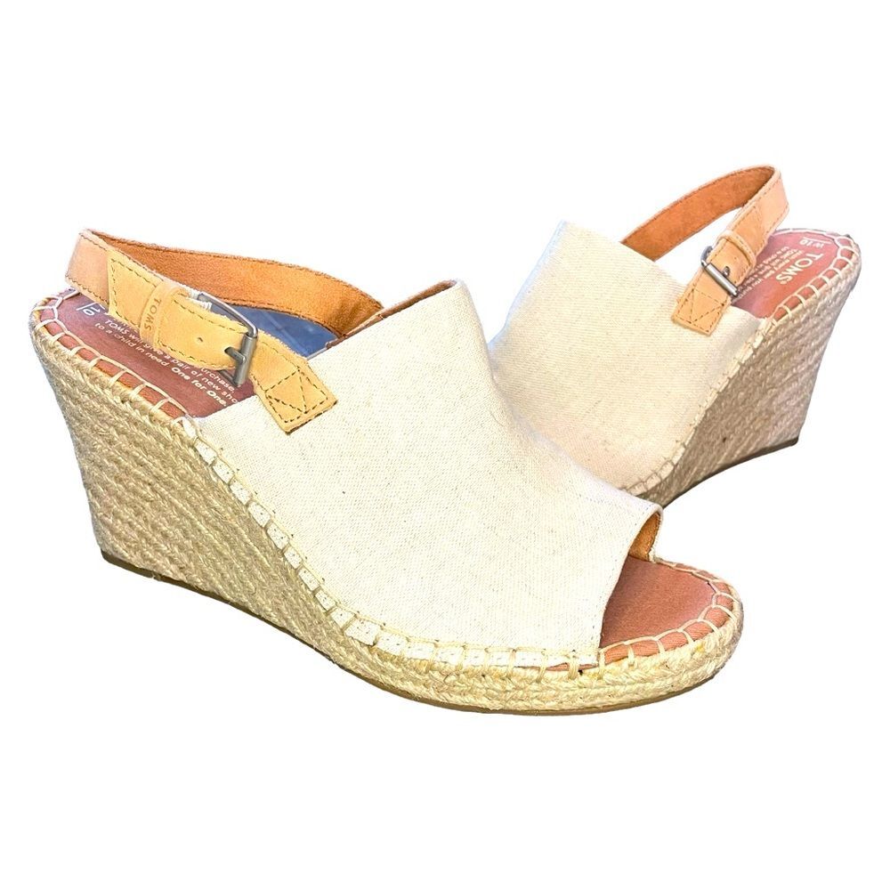 Tom's Monica Wedge Espadrille Adjustable Strap Creme Color Open Toe Size 10